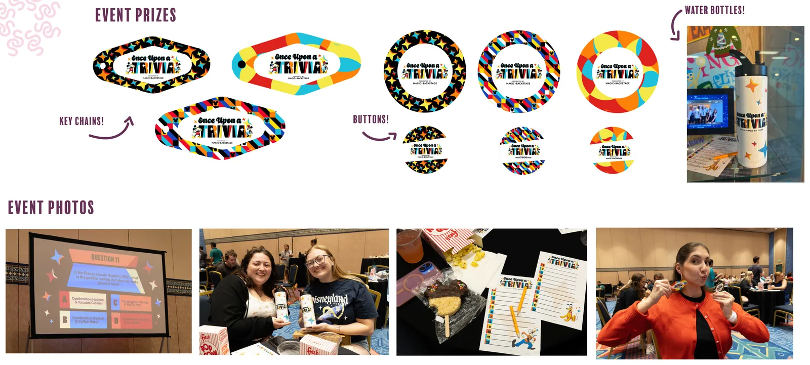 Event prizes — key chains, buttons and water bottles — and event photos