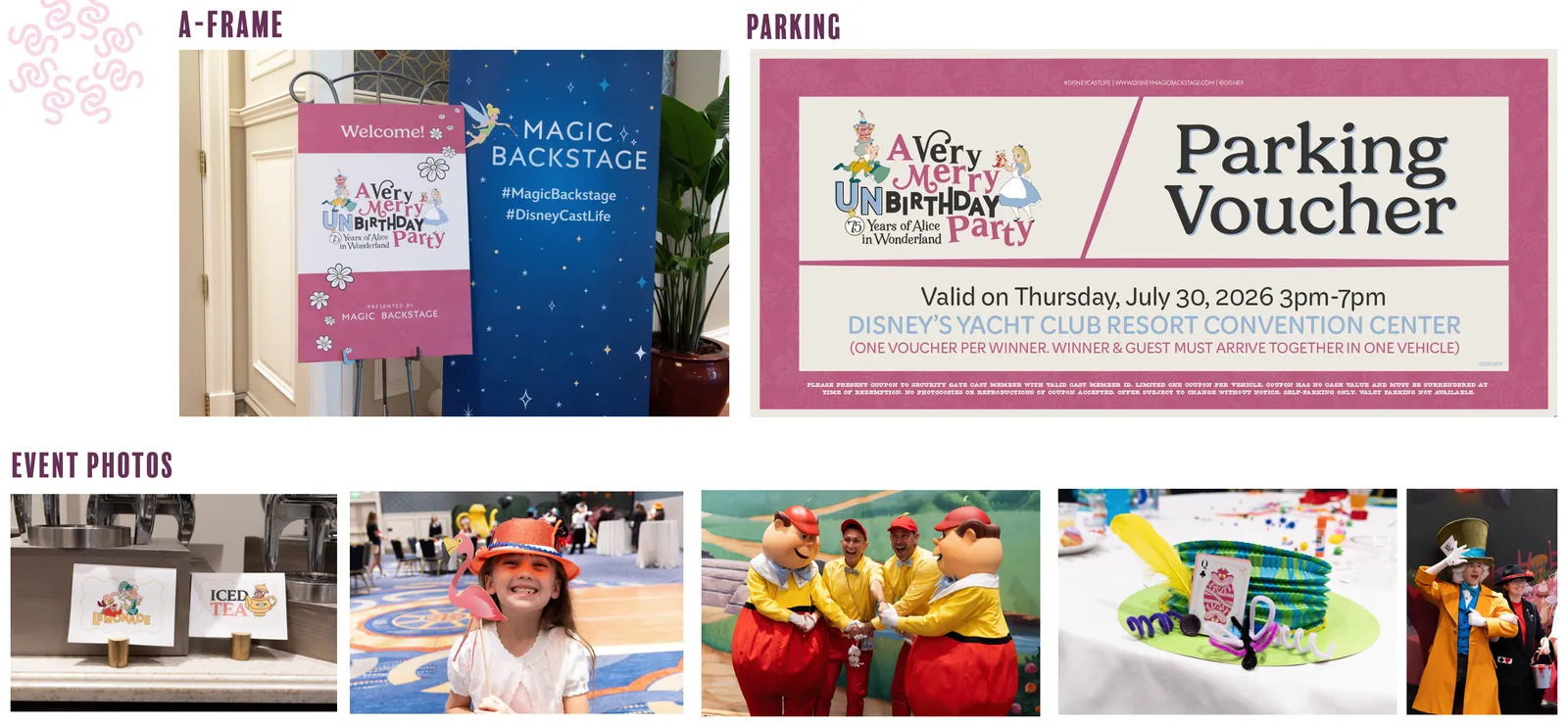 A-frame sign, parking voucher and event photos