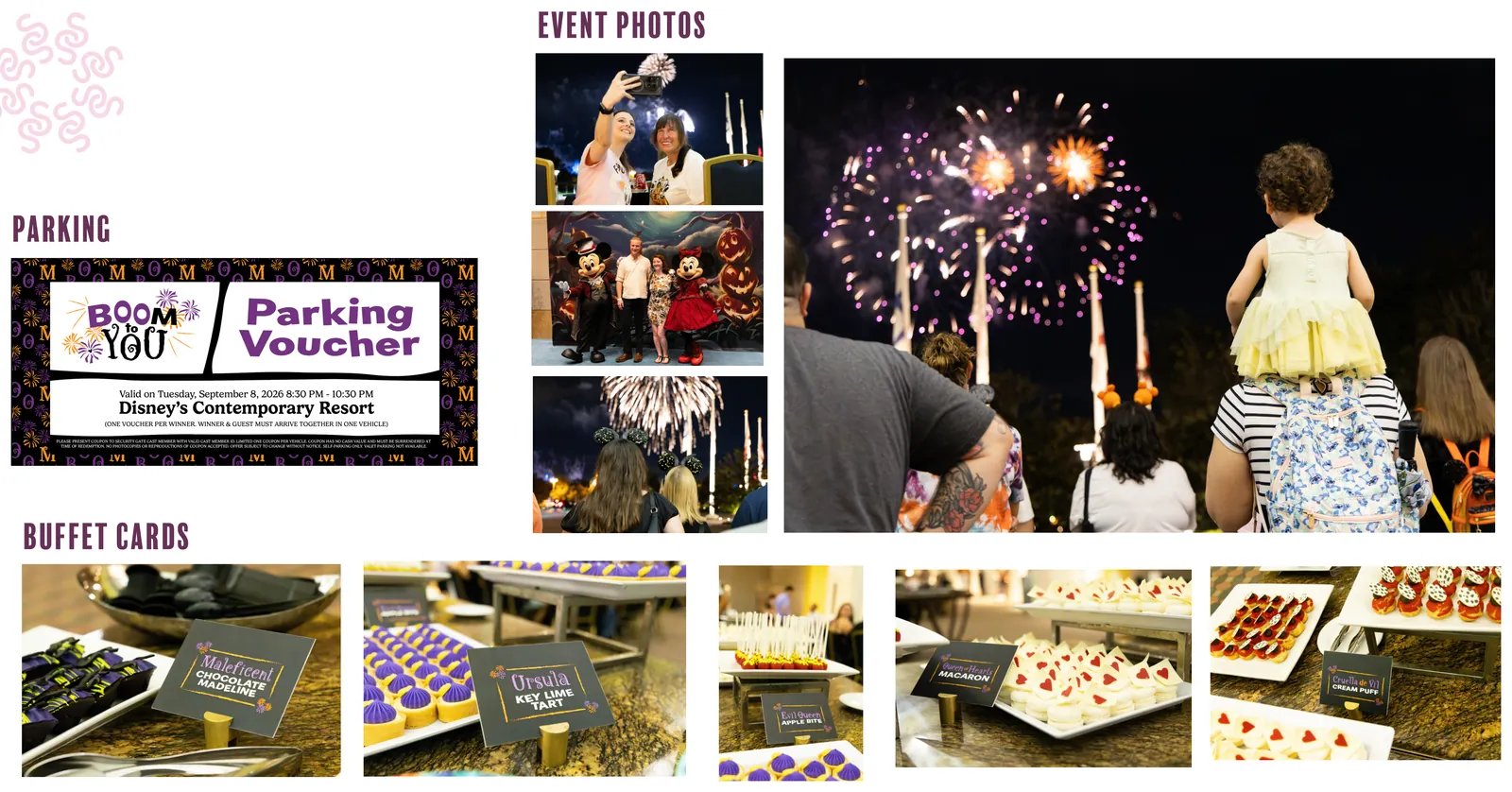 Parking voucher, buffet cards and event photos