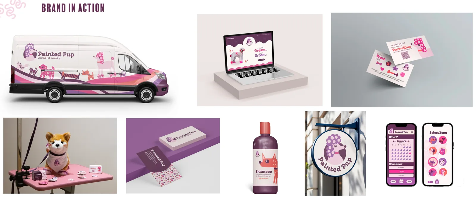 Brand in action — van, website, business cards, merchandise and app